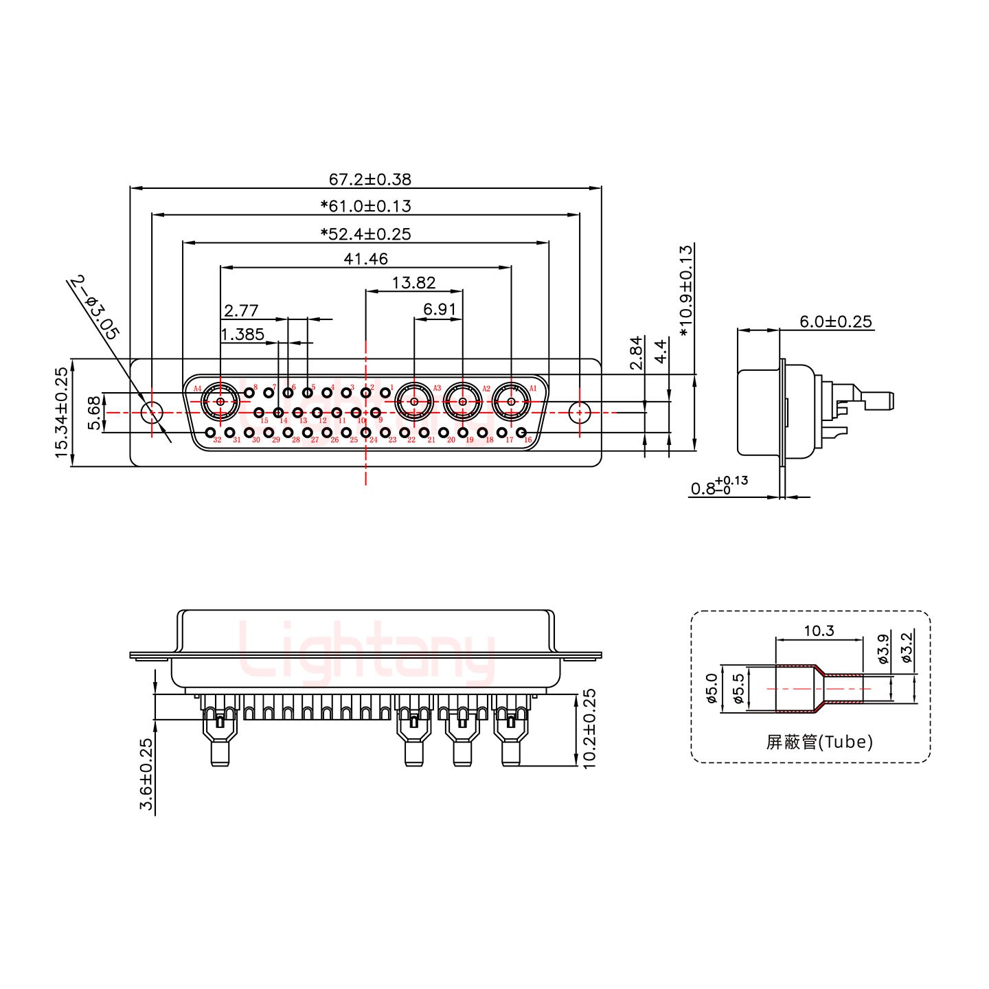 36W4母焊線(xiàn)式50歐姆+50P金屬外殼1746斜出線(xiàn)4~12mm