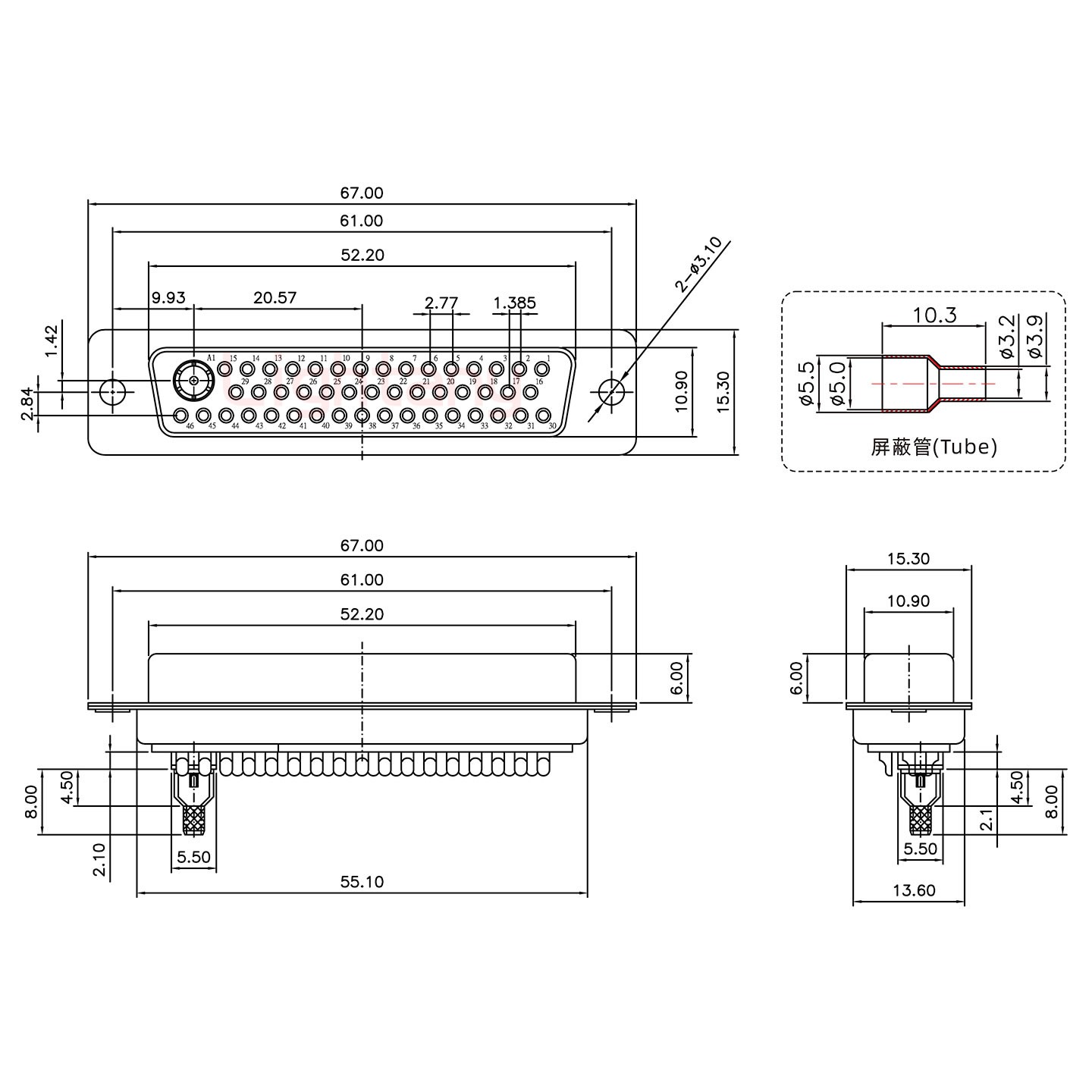 47W1母焊線(xiàn)式75歐姆+50P金屬外殼1746斜出線(xiàn)4~12mm