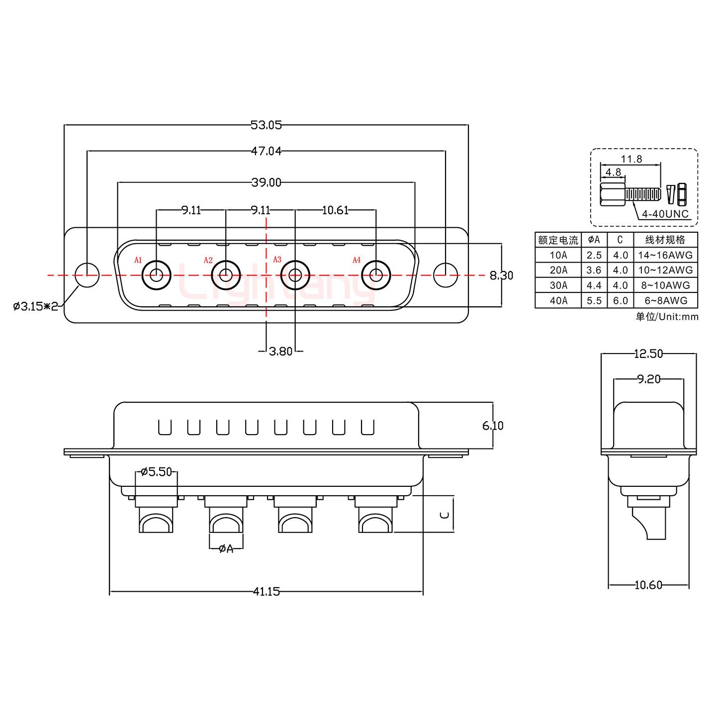 4W4公短體焊線(xiàn)/螺絲螺母/大電流10A