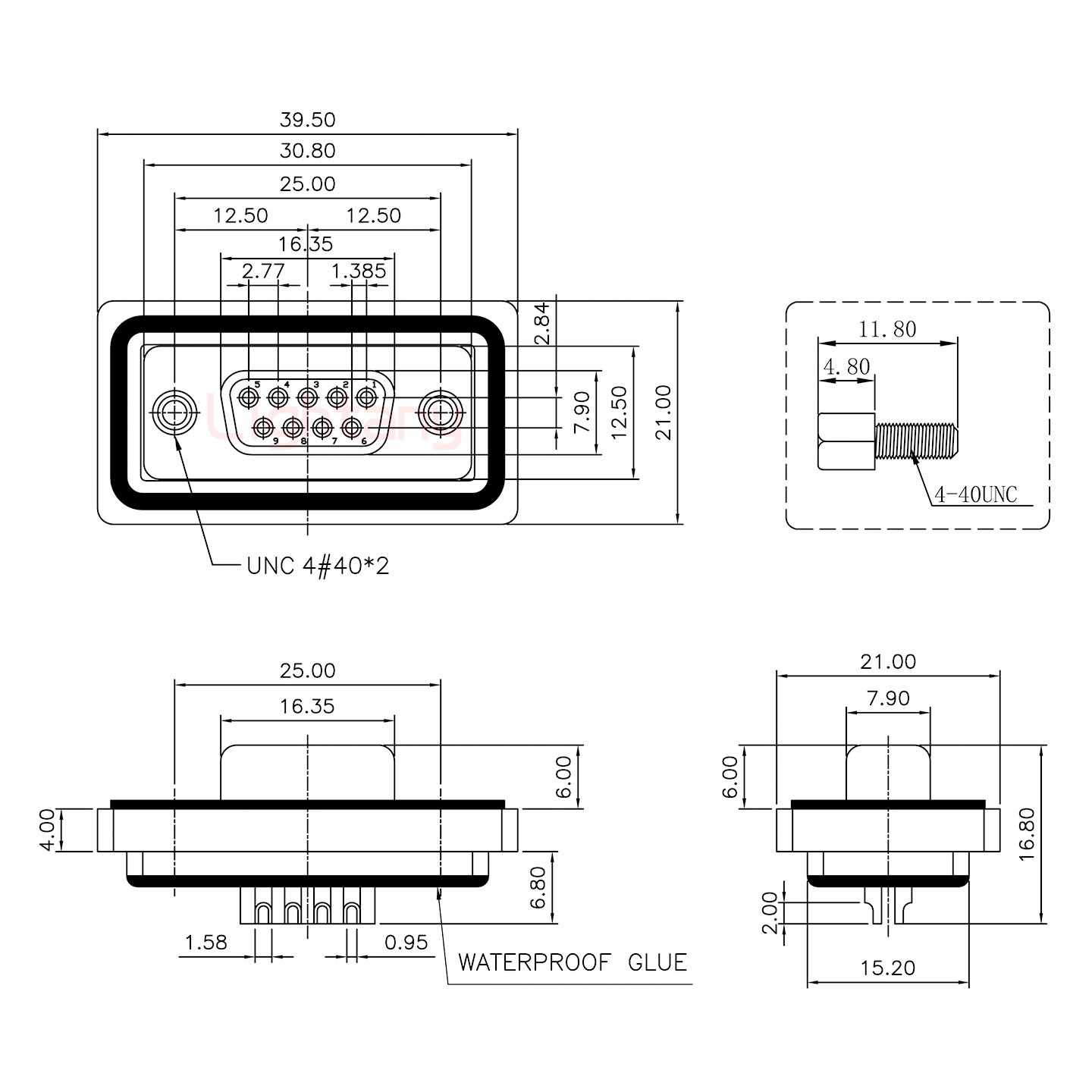 防水DB9 母 焊線(xiàn)式 鎖螺絲 車(chē)針